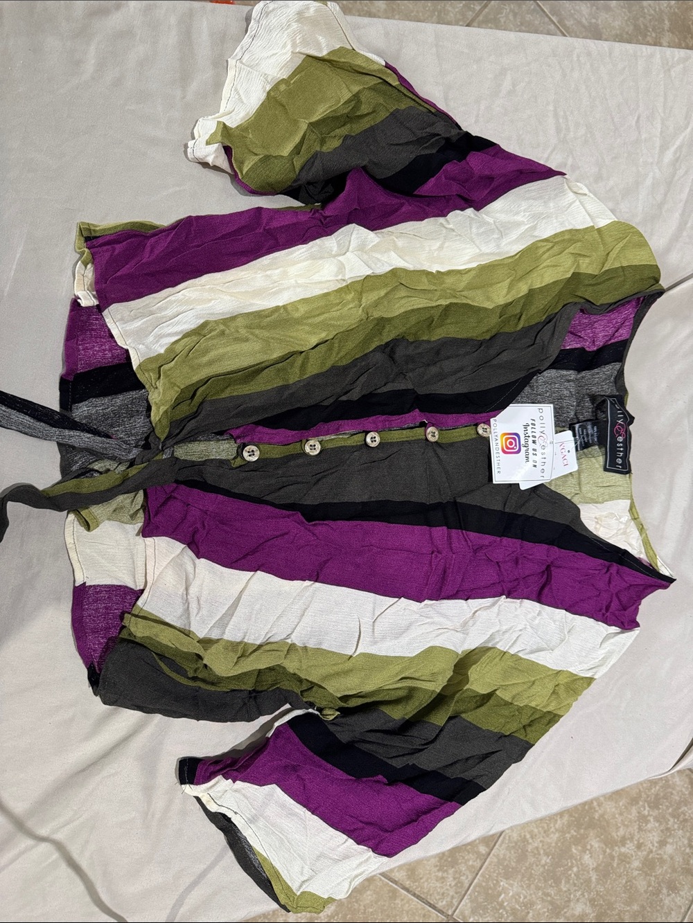 a'gaci Striped Button-Front Tie-Waist Blouse in Purple, Olive, Black & White